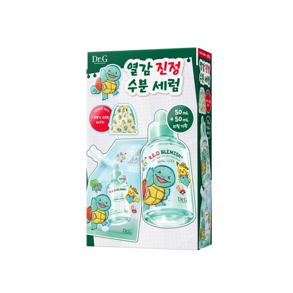 [水润清凉/神奇宝贝限定版] Dr.G 红色Beulremiswi 透明玻尿酸 积雪草 舒缓 精华 50ml 企划装 (补充装50ml+Kkobu主机粉扑包)