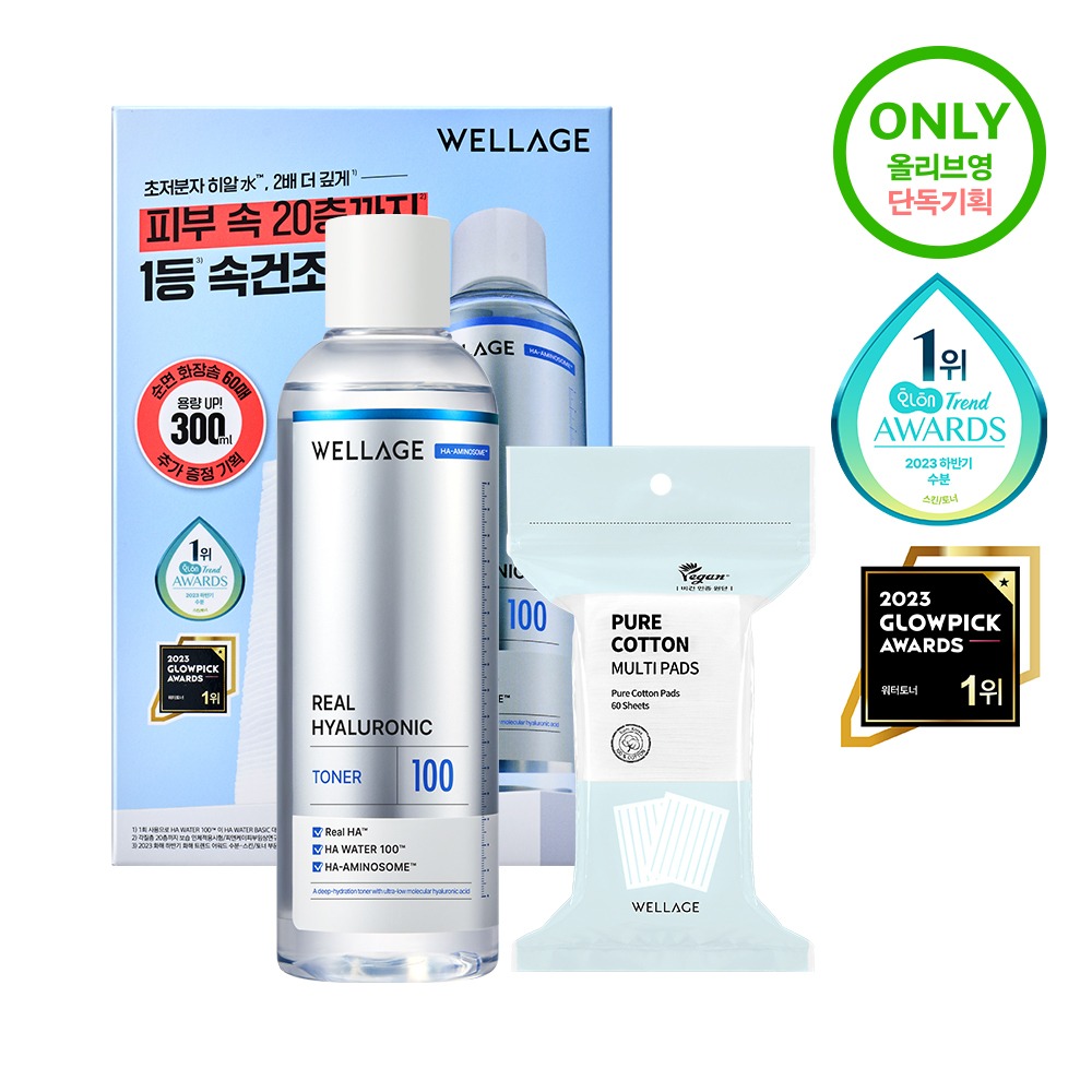 [Cheot补水爽肤水/大容量] Wellage 真实玻尿酸100爽肤水 300ml 企划装 (+60片化妆棉)