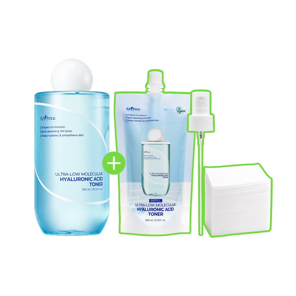 Isntree 超低分子玻尿酸爽肤水 300ml 补充装企划 (+200ml 补充装 + 喷雾 Peompeu + 赠可延展化妆棉) 企划装