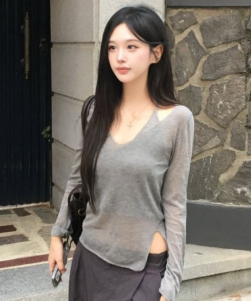 亚麻透视挂脖叠穿针织套装 4色 COWKT015