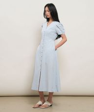 条纹 V领 泡泡袖 长款连衣裙 [SKY BLUE]/GF2LOP514