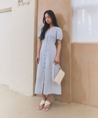 条纹 V领 泡泡袖 长款连衣裙 [SKY BLUE]/GF2LOP514